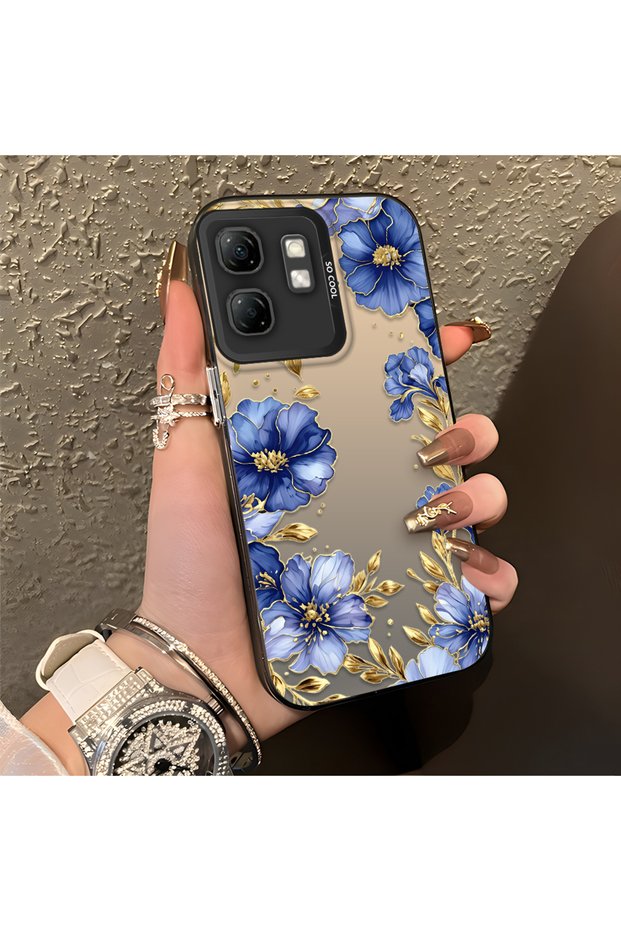 Infinix Hot 50I Compatible Elegant Flower Case, Blue Flower Golden Branch Creative Flat Print