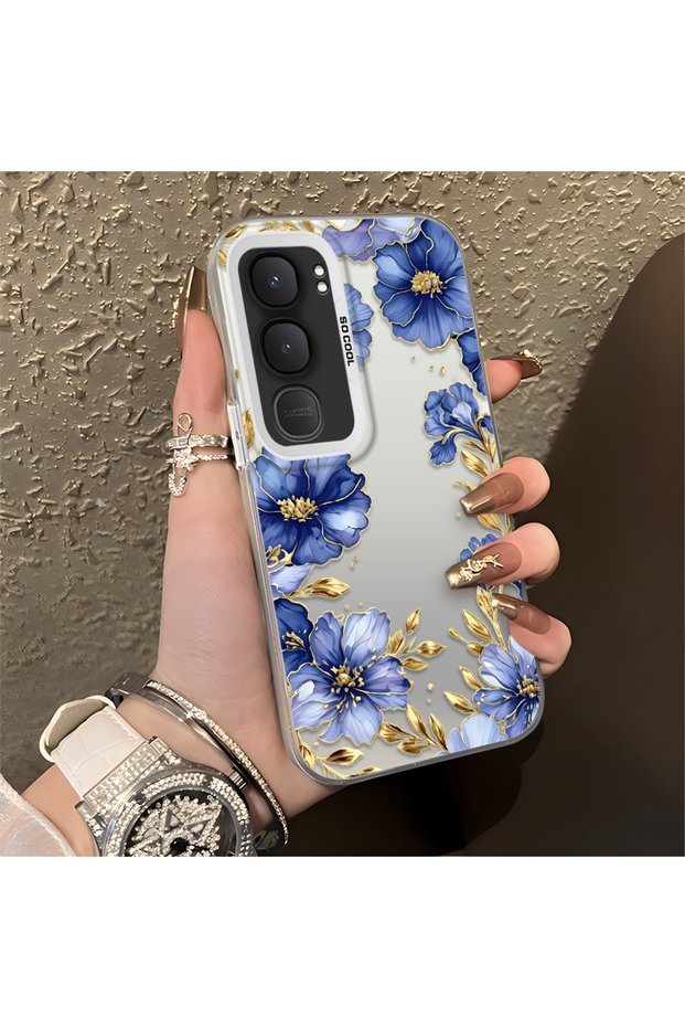 Vivo Y31/Y21D Compatible Elegant Flower Case, Blue Flower Golden Branch Creative Flat Printing