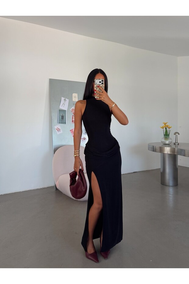 Waist Detailed Long Dress - Black
