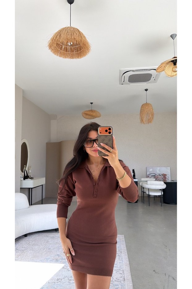 Brown Polo Collar Premium Knitwear Basic Dress