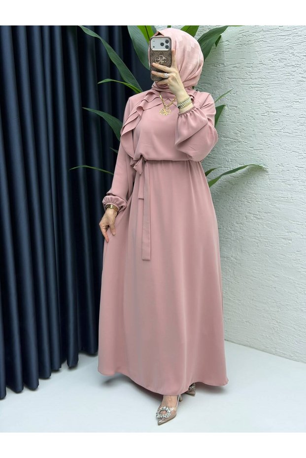 Women's Diamond-Patterned Crepe Fabric Modest Dress in Rose Pink