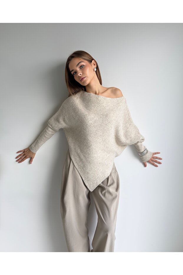 Asymmetrical Cut Boat Neck Ribbed Stylish Sweater