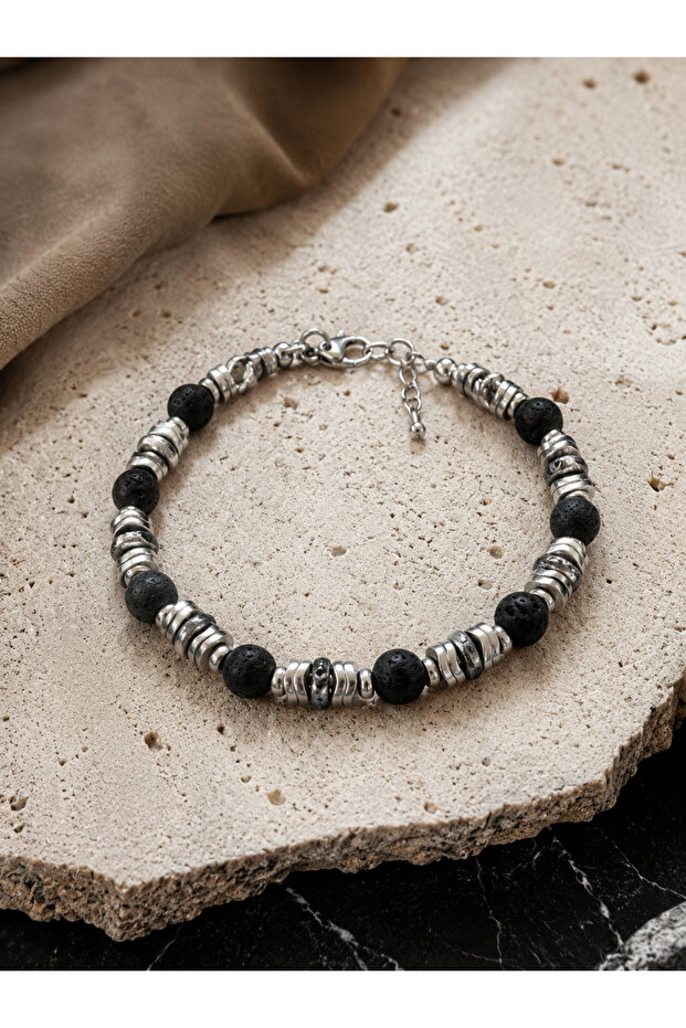 Adjustable Men's Bracelet with Black Natural Stone and Black Onyx Stone Look