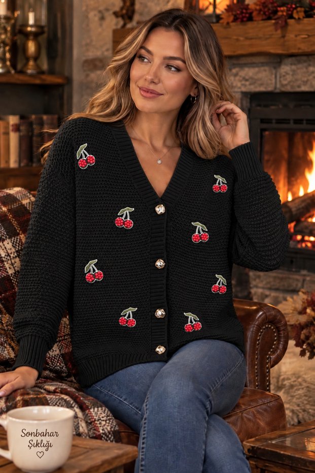 Women's Cherry Embroidered Embossed V-Neck Buttoned Knitwear Cardigan - Autumn/Winter Season Oversize Knitted Cardigan