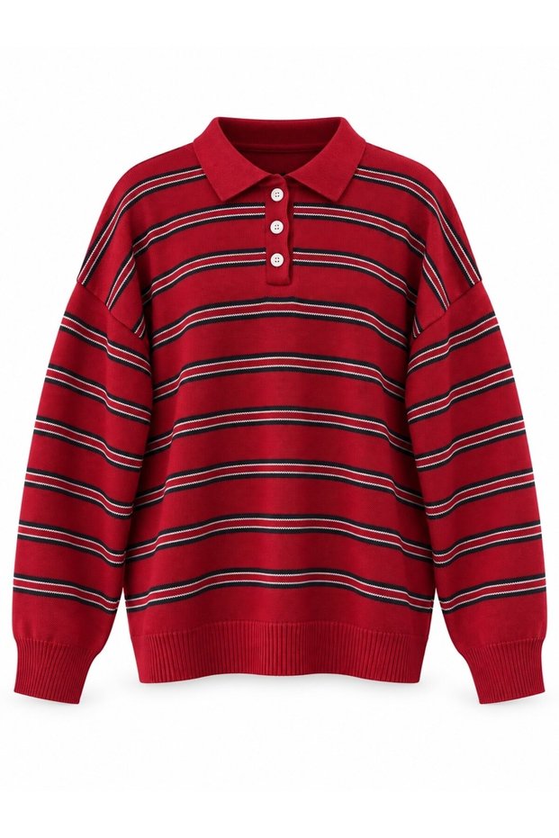 Sadie Striped Oversize Polo Collar Knit Sweater Women's Red