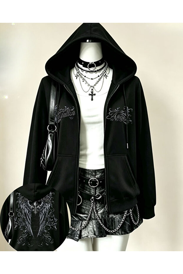 Gothic Design Oversize Zippered Unisex Hooded Cardigan