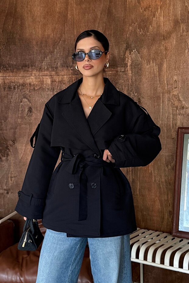 Women's Black Double-Breasted Collared Belted Short Oversized Trench Coat