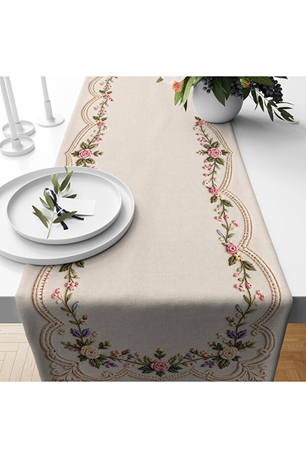 Digital Printed Runner - Floral Pattern / Embroidery Look / Spring Series - 140X40 cm