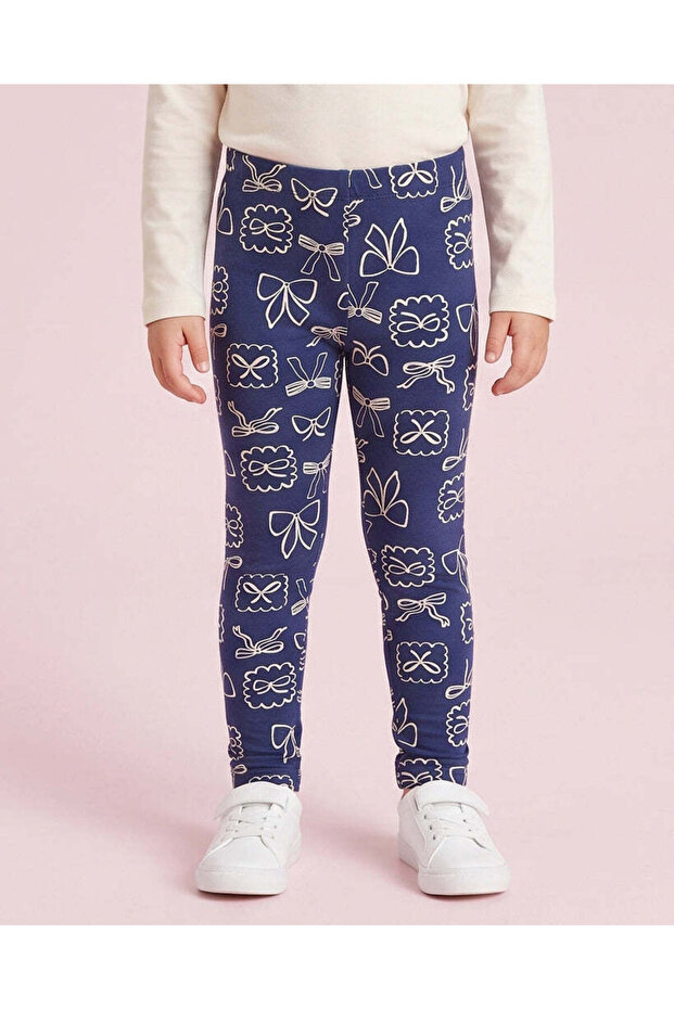 Girls Navy Bow All Over Print Leggings
