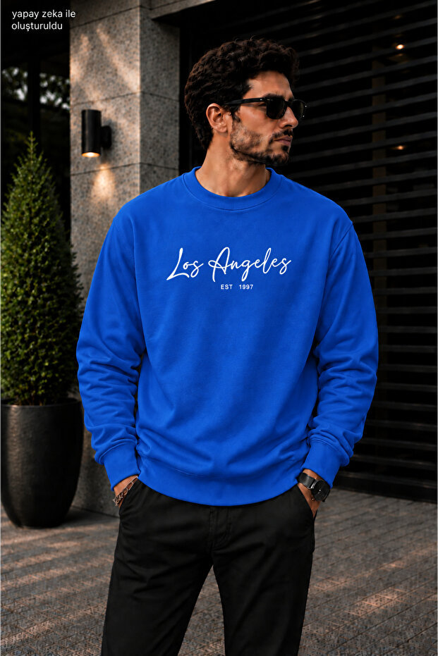 Men's Los Angeles Calligraphy Written Crew Neck Casual Regular Fit Sweatshirt