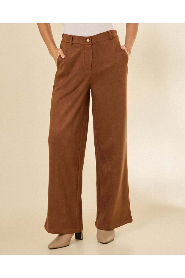Women Brown Plain Suede Trousers