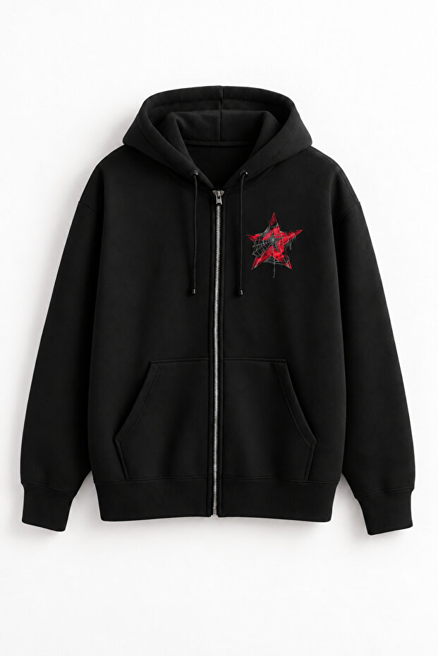 Star Printed Printed Sleeve Detail Unisex Zippered Cardigan