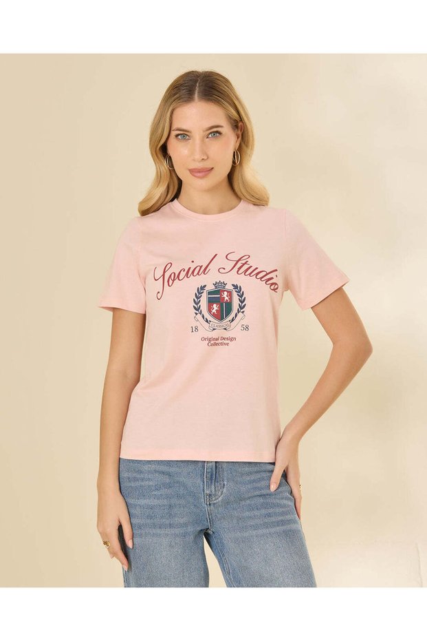 Women Pink Printed Crew Neck T-Shirt