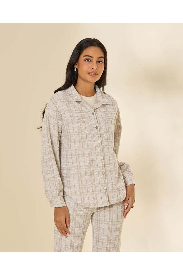 Women Grey Textured Button Front Tweed Shirt