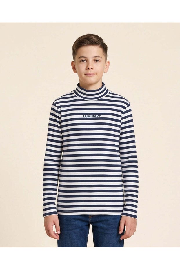 Senior Boys Navy And White Striped High-Neck T-Shirt