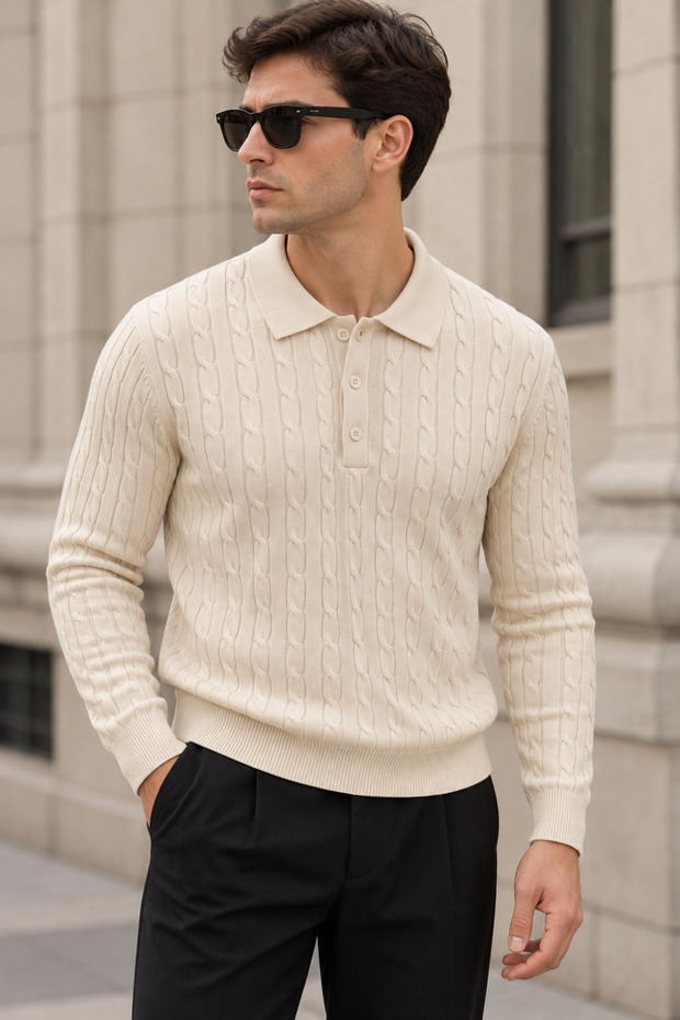 Men's Hair Braided Patterned Long Sleeve Polo Collar Knitwear Sweater - Beige