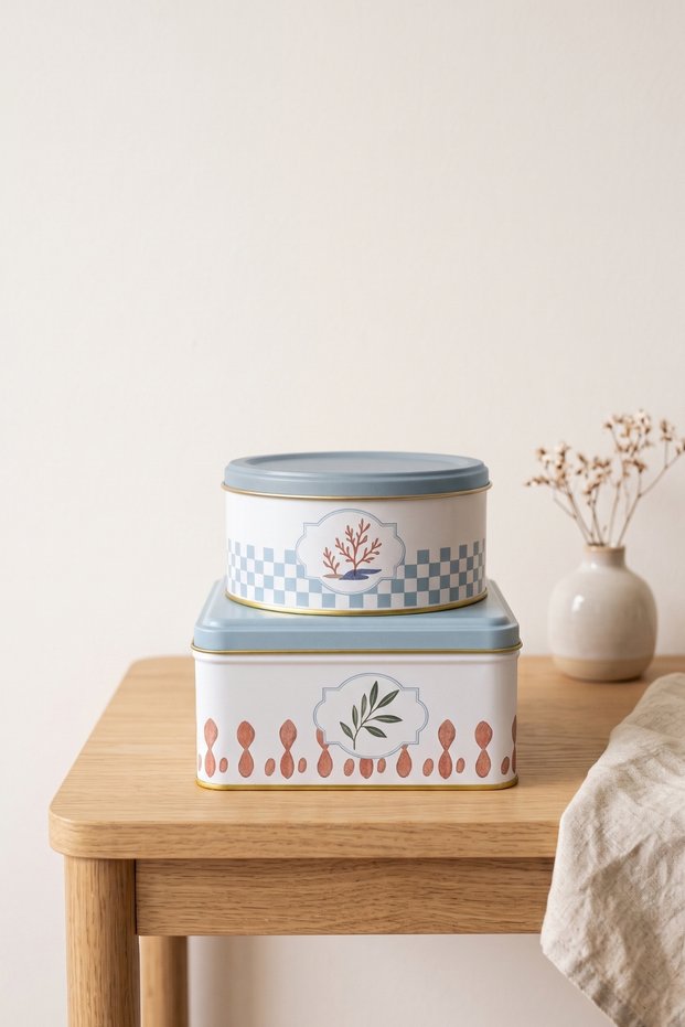 Square Round 2-Piece Metal Decorative Box, 158X158X80 Mm, Ø140X66 mm / Mediterraneo
