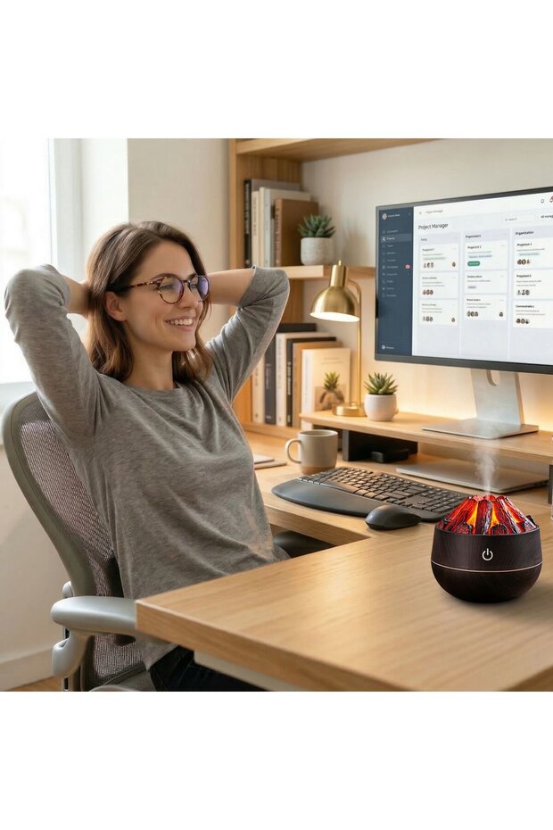 2 Pieces Air Humidifier, Aroma Diffuser Fireplace Look Flame Steam Machine Dark Brown