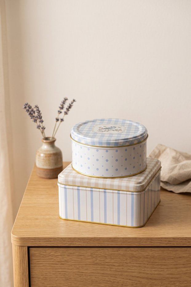 Square Round 2-Piece Metal Decorative Box, 158X158X80 Mm, Ø140X66 mm / Spring Birds