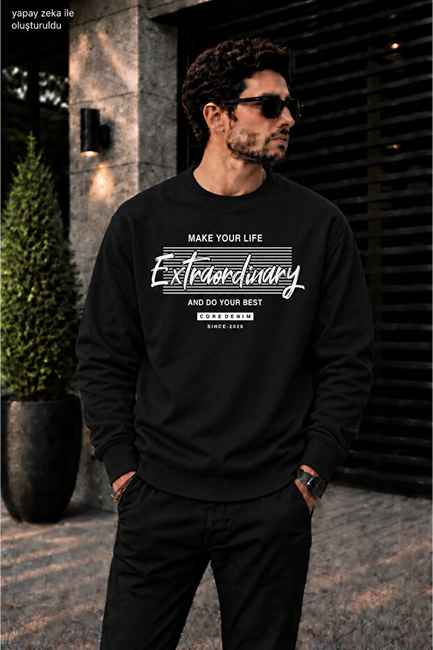 Men's Extraordinary Typographic and Striped Typography Printed Crew Neck Casual Regular Fit Sweatshirt