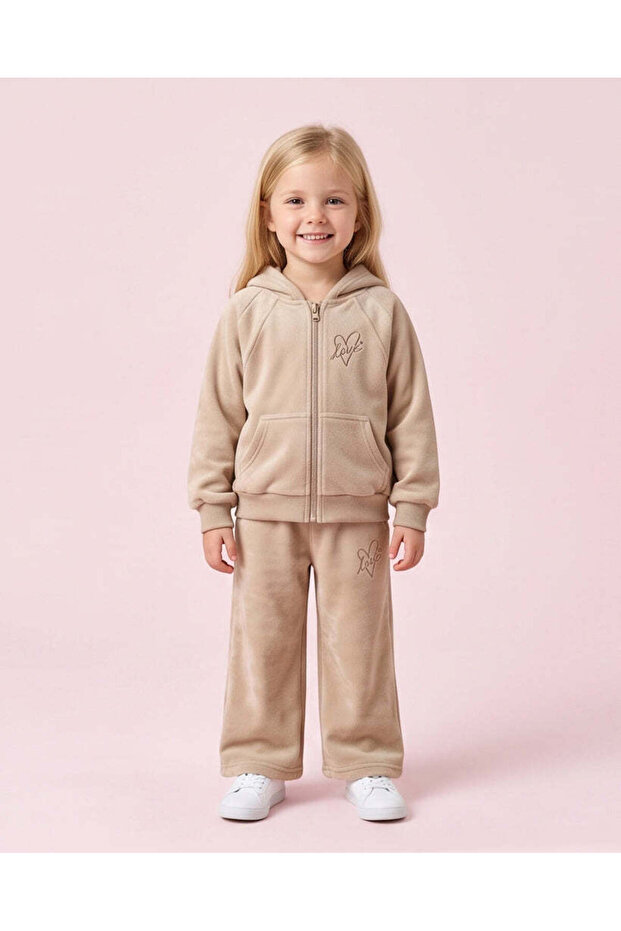 Girls Beige Embroidered Velour Hooded Jogger Set