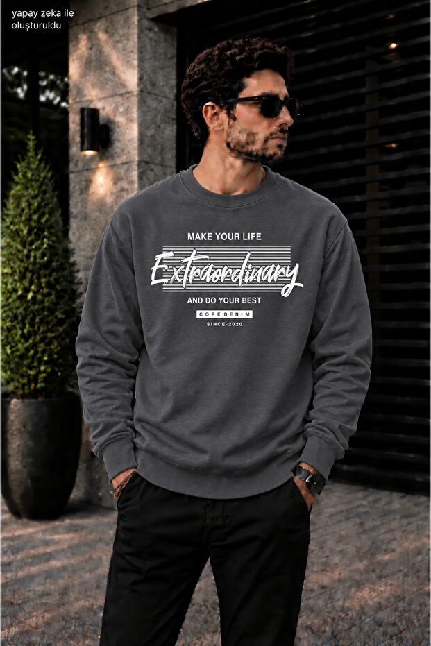 Men's Extraordinary Typographic and Striped Typography Printed Crew Neck Casual Regular Fit Sweatshirt