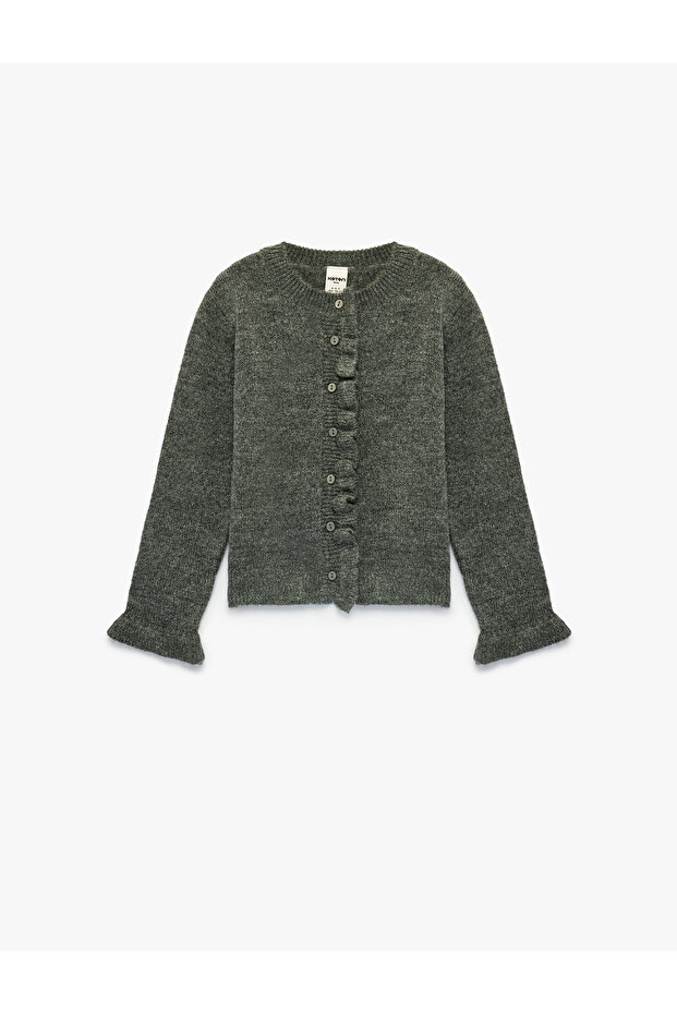 Ruffled Long Sleeve Buttoned Crew Neck Knitwear Cardigan