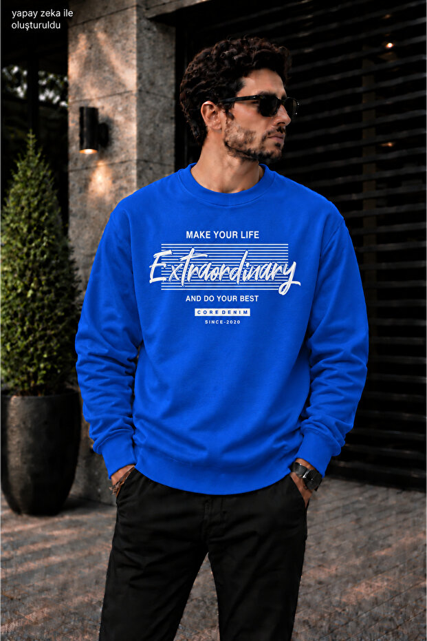Men's Extraordinary Typographic and Striped Typography Printed Crew Neck Casual Regular Fit Sweatshirt