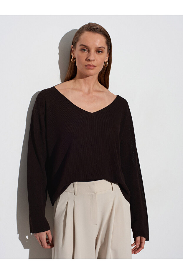 V-Neck Draped Mercerized Sweater