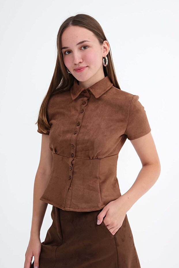 Short Sleeve Button down Suede Shirt G17636