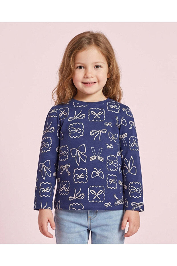 Girls Navy Bow Print Long-Sleeve T-Shirt