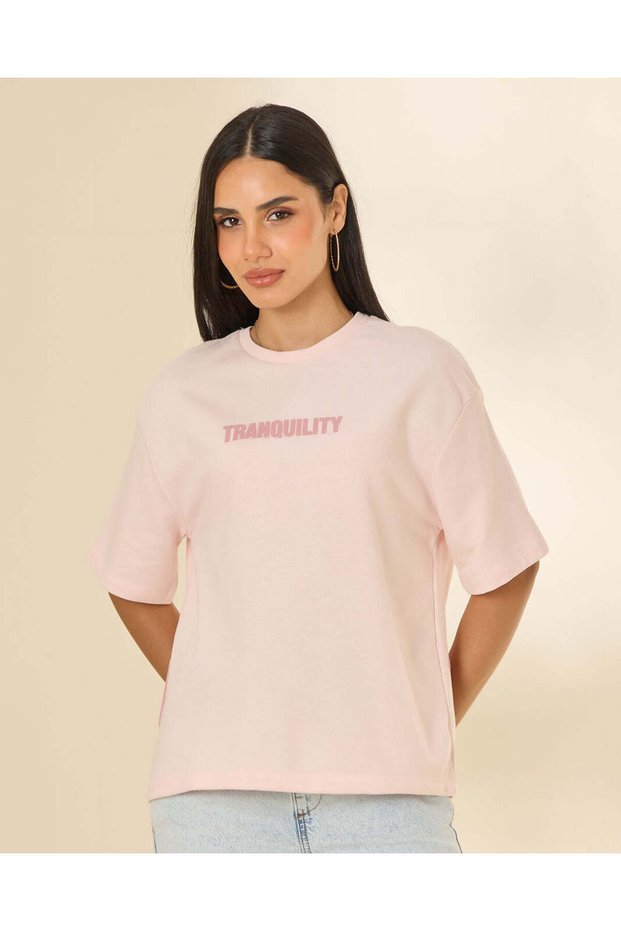 Women Pale Pink Graphic Short Sleeve Sweatshirt