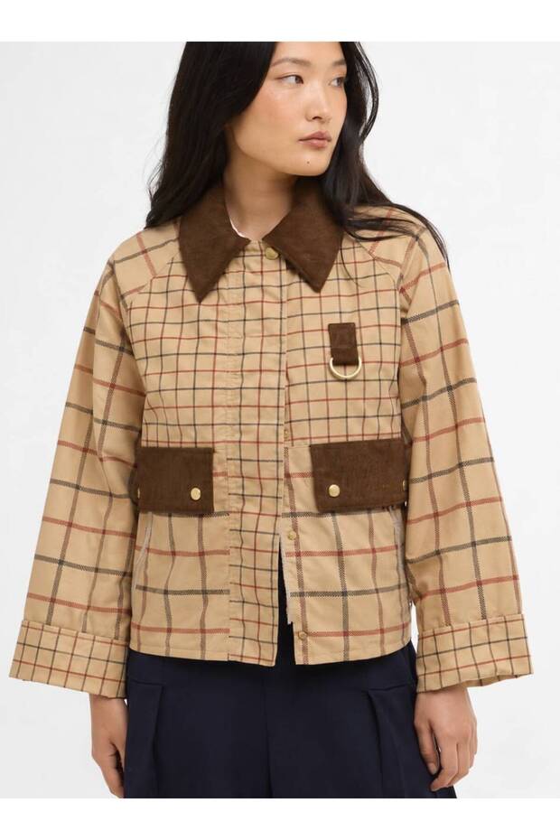 Women's Camel Suede Collar Lined Checkered Jacket