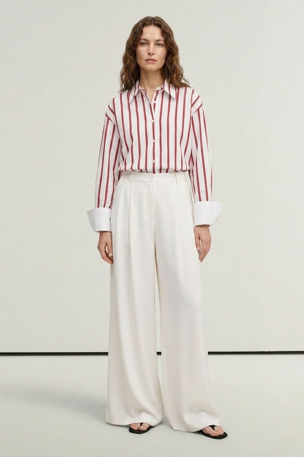 Women's Double Pleated Wide Leg Palazzo Trousers Ecru