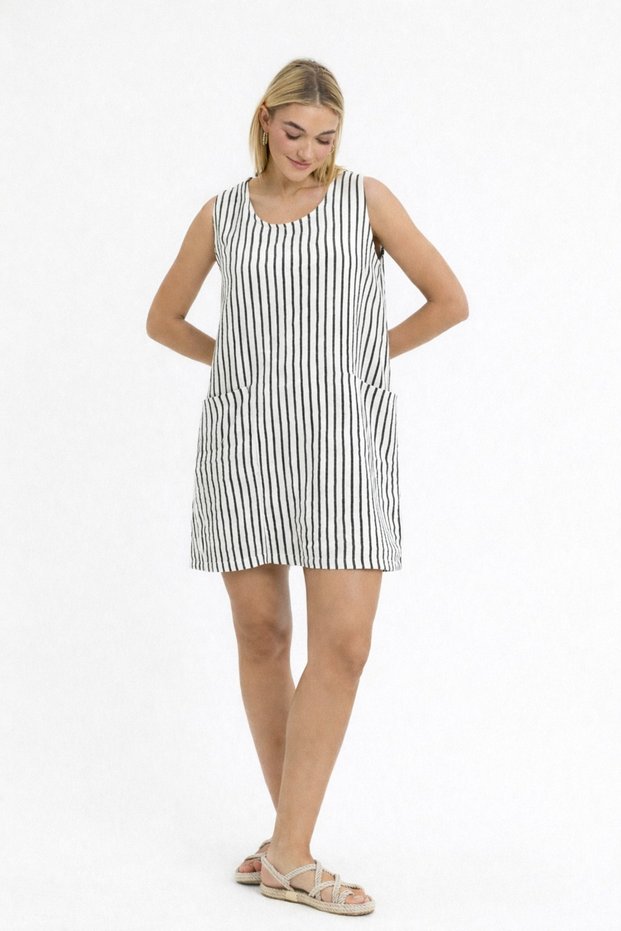Muslin Striped Strappy Dress-3130