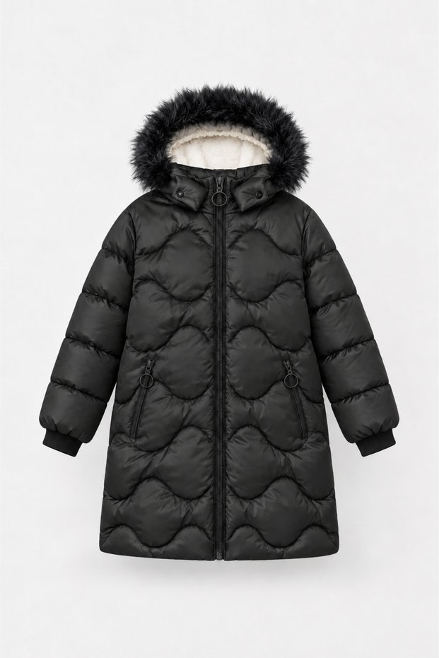 Girl's Hooded Furry Long Quilted Winter Puffer Coat - Black