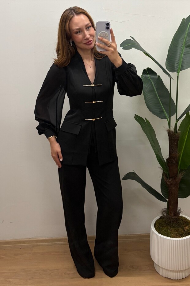 Women's Gold Hook Buttoned Lined Chiffon Sleeve Jacket Elastic Waist Pocketed Wide Leg Pants 2-Piece Set