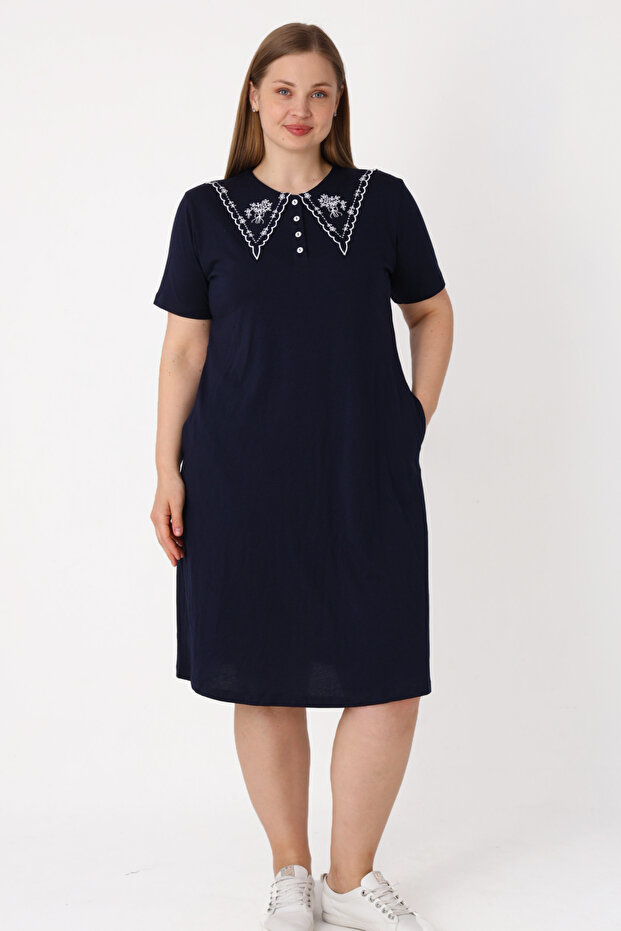 Women's Plus Size Navy Blue Pocket Buttoned Lace Detailed Cotton Short Sleeve Dress