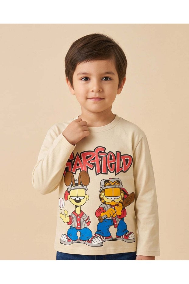 Boys Beige Garfield Graphic Long Sleeve T-Shirt