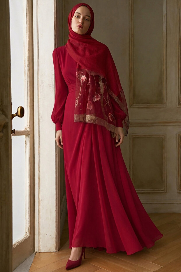 Silk Tulip Pattern Shawl - Red