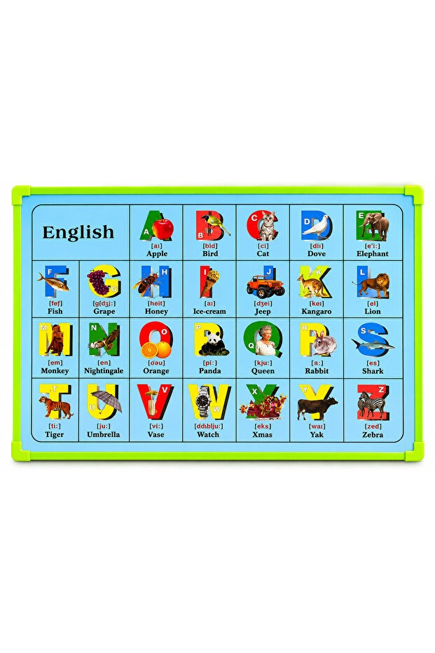 English Alphabet Learning Board for Kids – A-Z Picture & Phonics Educational Chart with Words, Animals & Objects, Green Framed Early Learning Board for Home & Classroom