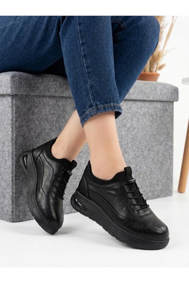 Women's Black Genuine Leather Orthopedic Sole Seasonal New Season Casual Shoes