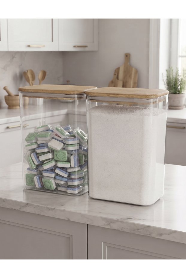 Set of 2 3 Liter Transparent Vacuum Large Size Detergent Storage Jars with Wooden Lids & Laundry Room Organizer
