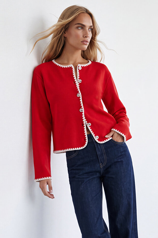 Women's Red Crew Neck Buttoned Cardigan with Shepherd Stitching Alc-X15852