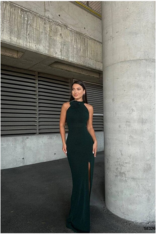 Bicycle Slit Fish Tail Evening Dress with Collar Cutout