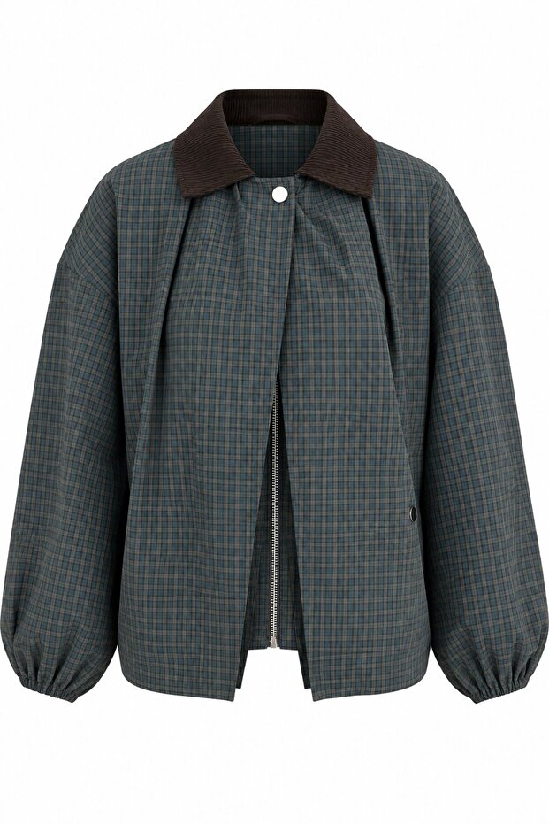 Petrol Blue Velvet Collared Plaid Trench - 9766