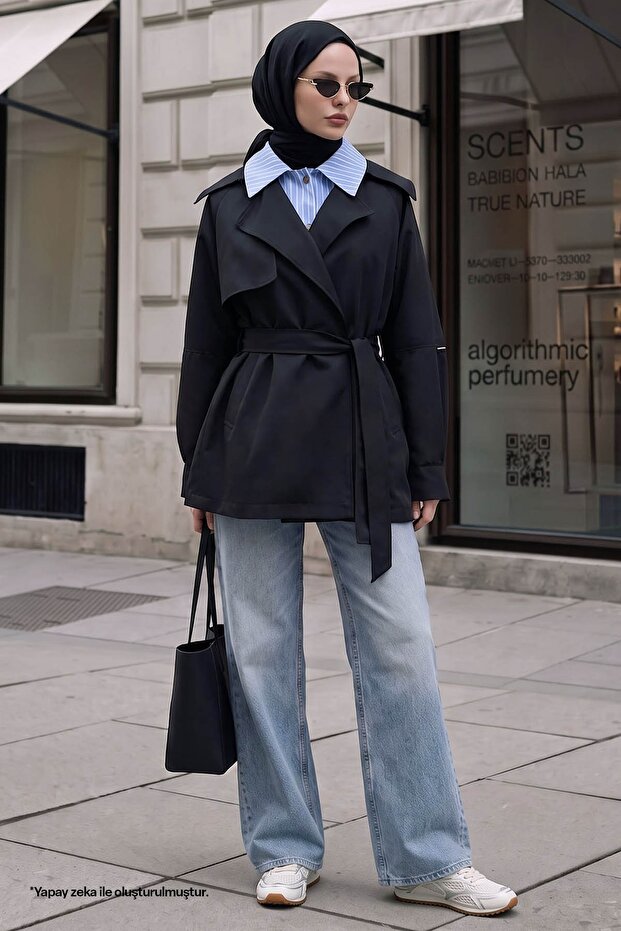 Striped Garnished Black Lined Trench Coat