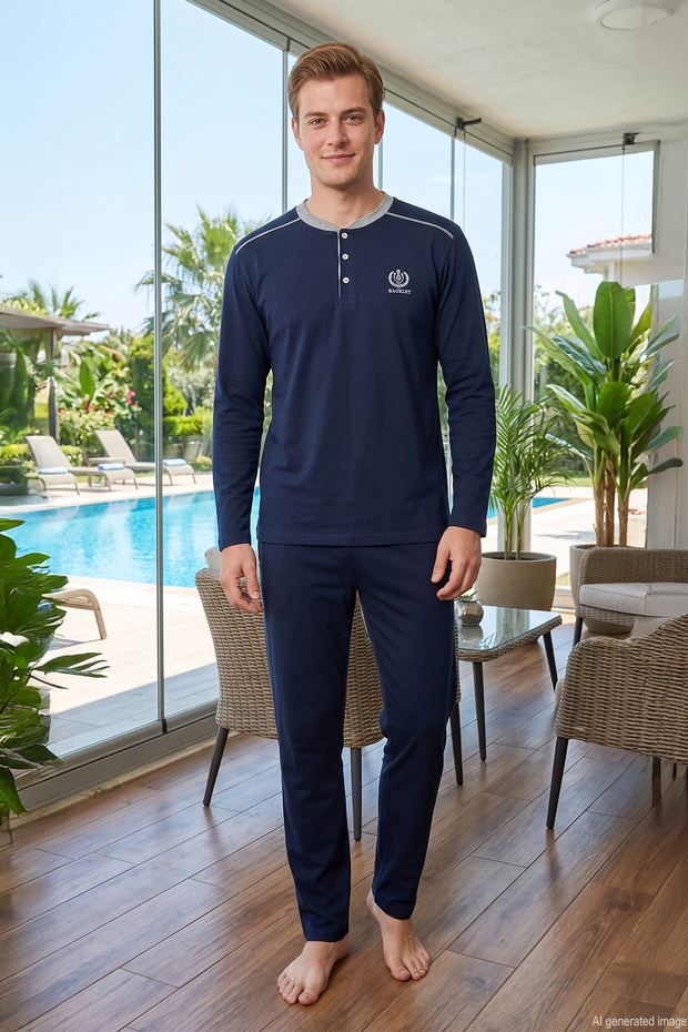 Men's Long Sleeve Combed Cotton Pajama Set 3070 Navy Blue01