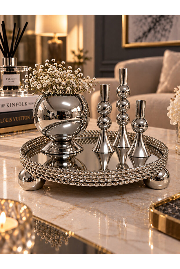 Full Bracelet Presentation Set 5 Pieces Mirrored Silver Metal Tray-Without Flowers