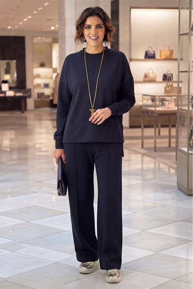 Navy Blue Modal Fabric Striped Pants Blouse Set